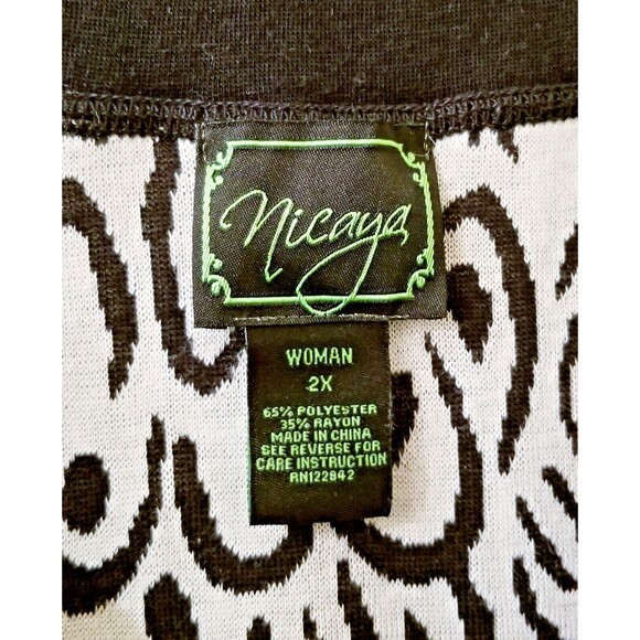 NICAYA Black White Print Maxi Skirt Plus Sz 2x Stretchy Knit Long Leaves A-Line - Picture 3 of 5